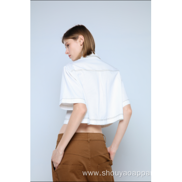 LADIES WHITE CROPPED BLOUSE WITH SHORT SLEEVES